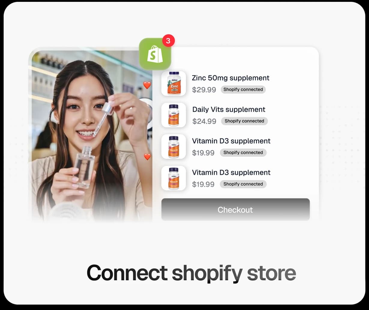 TwinTone UI: Shopify catalog connected, product prices shown live during the stream